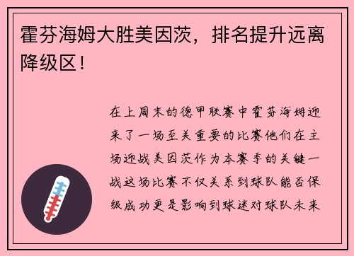 霍芬海姆大胜美因茨，排名提升远离降级区！